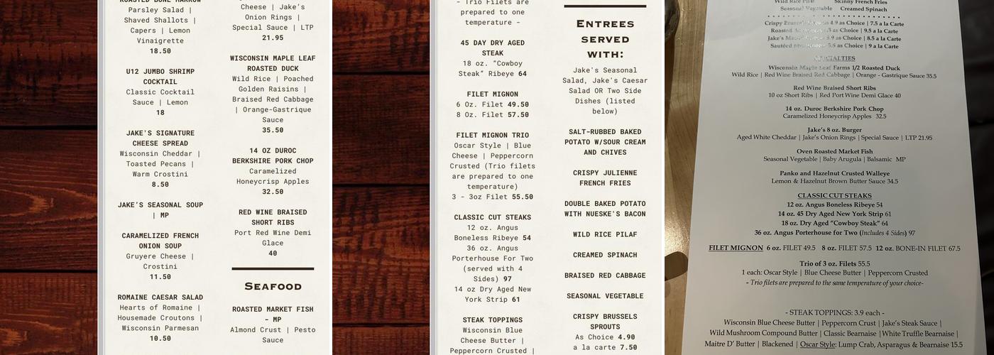 Jake's Restaurant Menu