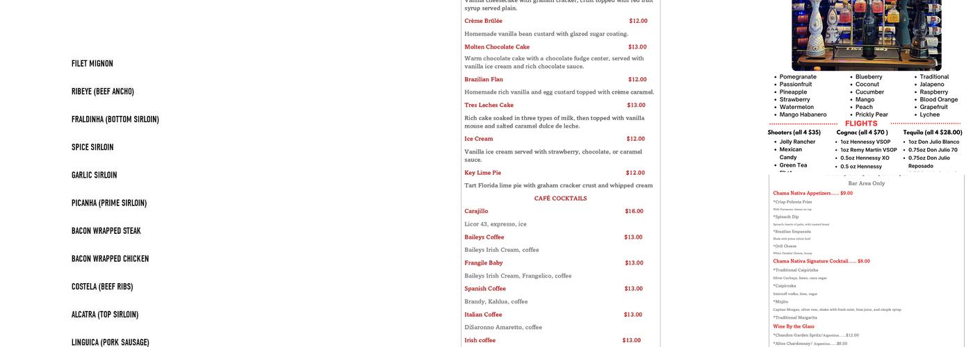 Chama Nativa Brazilian steakhouse Menu