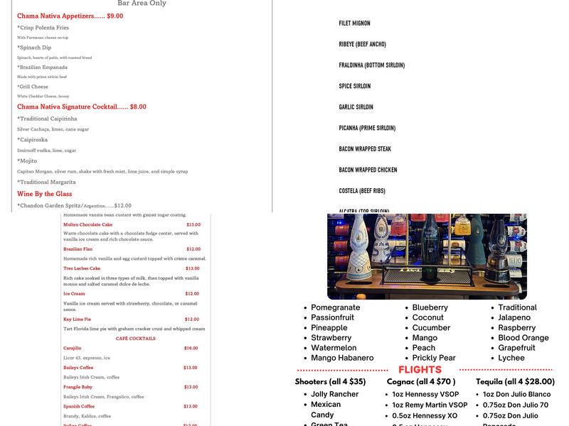 Chama Nativa Brazilian steakhouse Menu