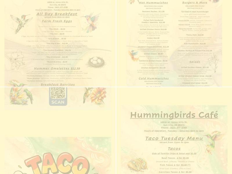 Hummingbirds Cafe Menu