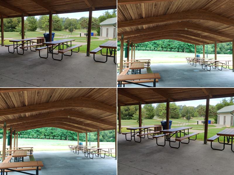 Community grills and picnic tables