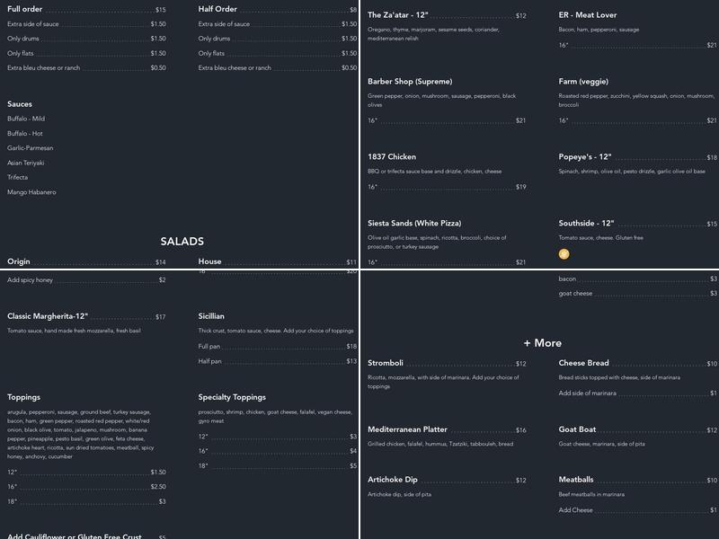 Origin craft beer and pizza cafe Landings Menu