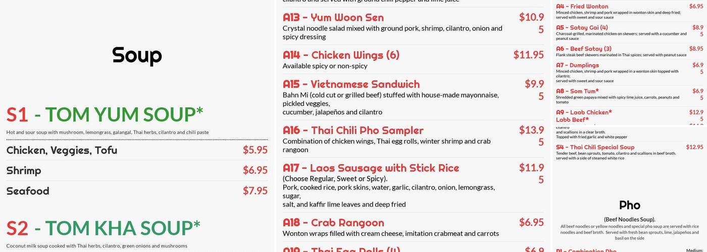 Thai Chili Pho Menu