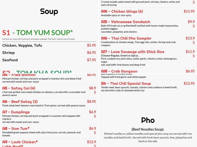 Thai Chili Pho Menu