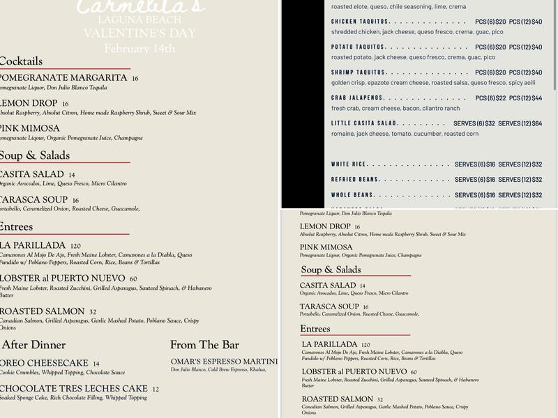 Carmelita's Restaurant Group Menu