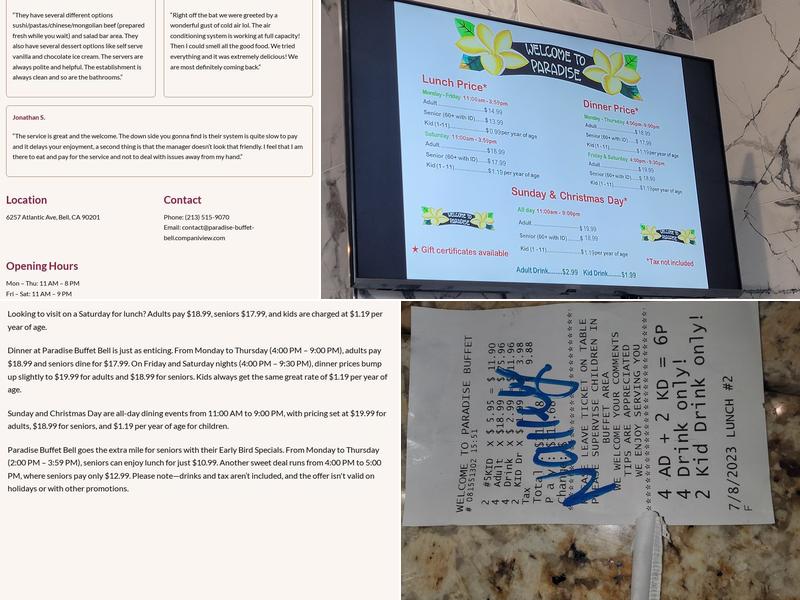 Paradise Buffet Bell Menu