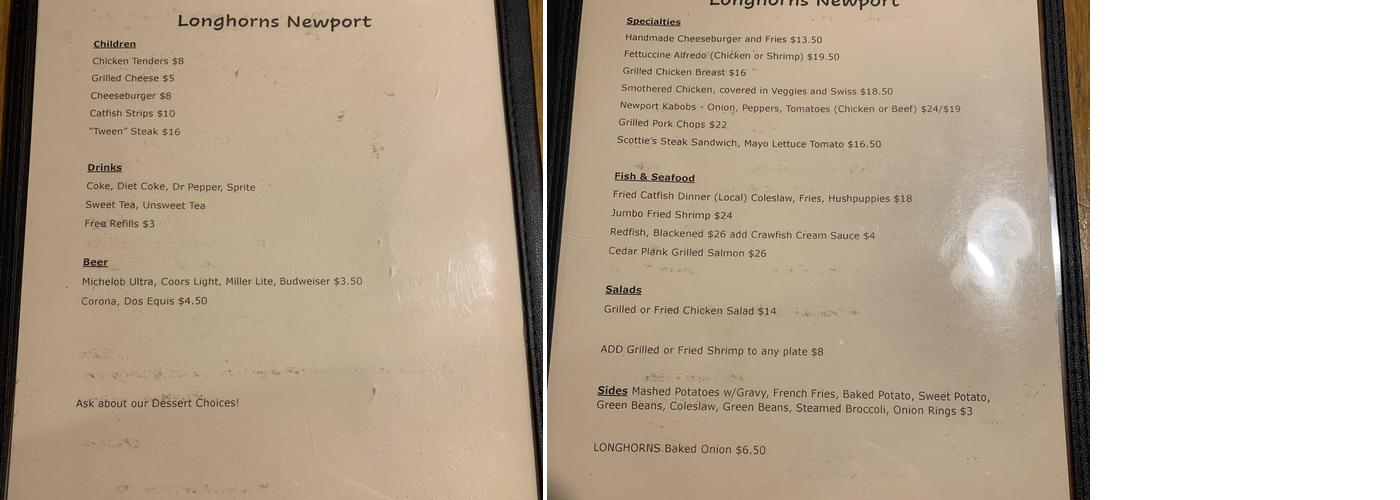 Longhorns Newport Menu