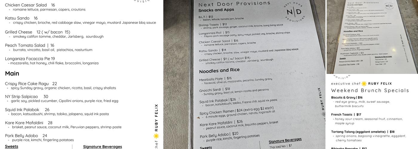 Next Door Provisions Menu