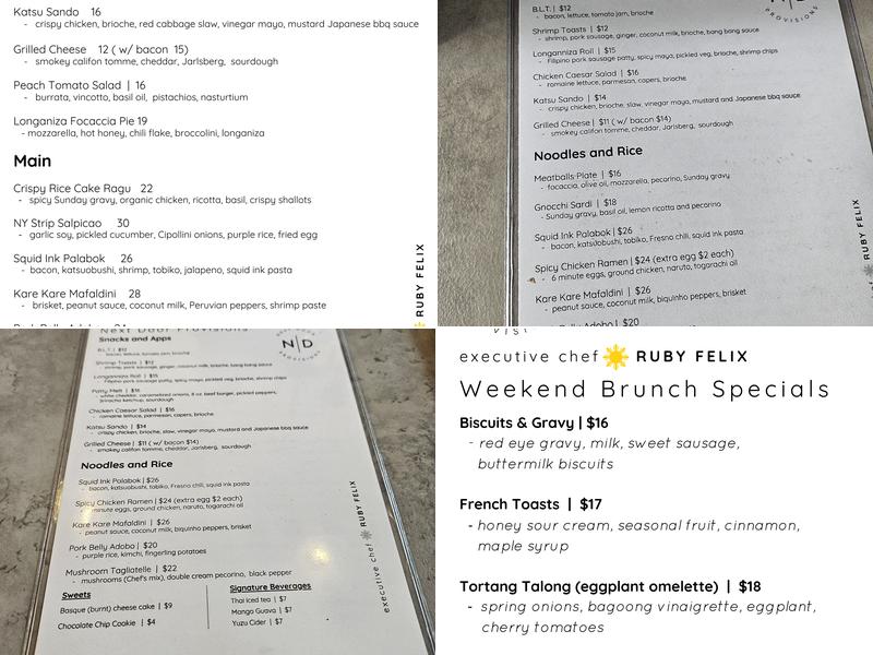 Next Door Provisions Menu