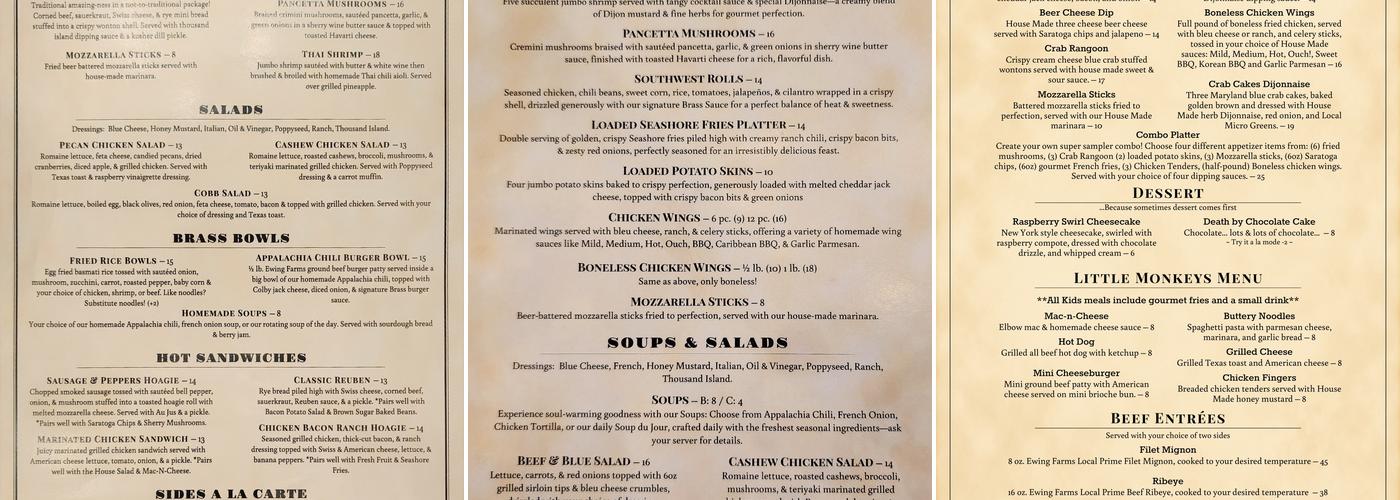 Brass Monkey Bar & Restaurant Menu