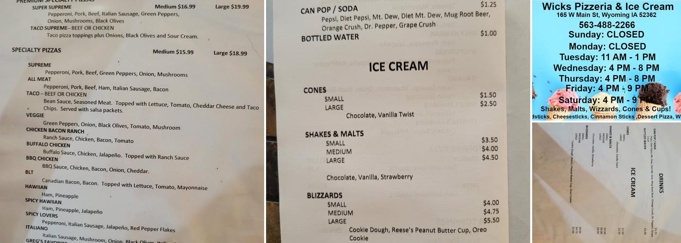 Wicks Pizzeria and Ice Cream Menu