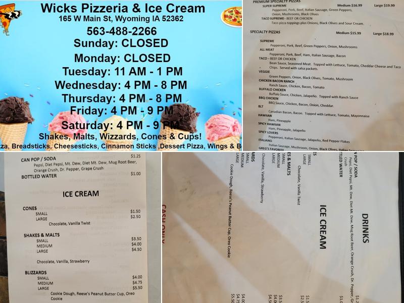 Wicks Pizzeria and Ice Cream Menu