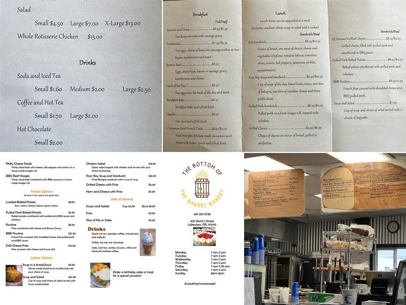 The Bottom of the Barrel Bakery Menu