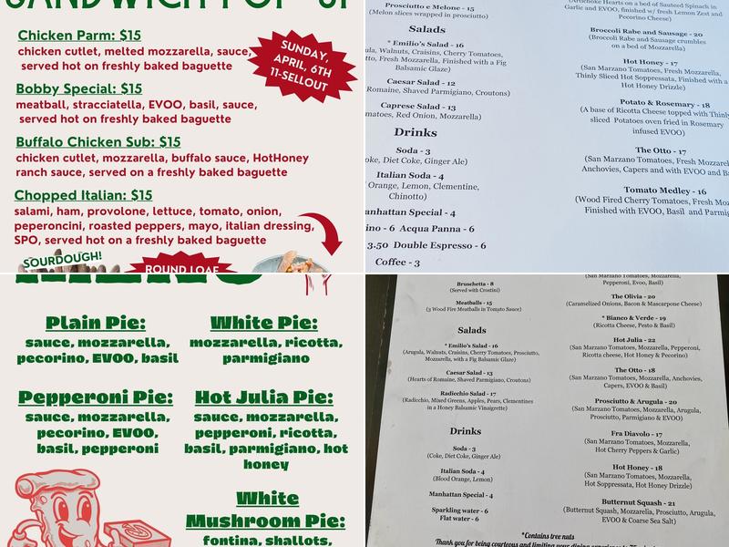 Emilio’s Wood Fire Pizza Menu