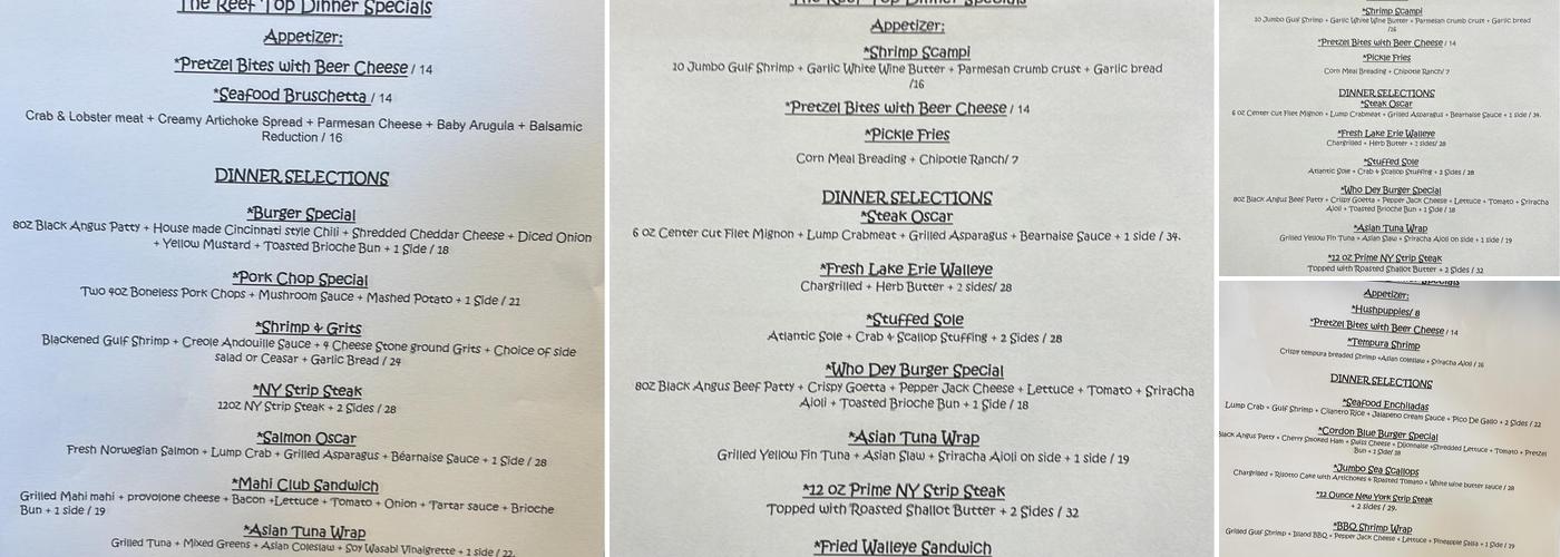 The Reef Top Bar & Grill Menu