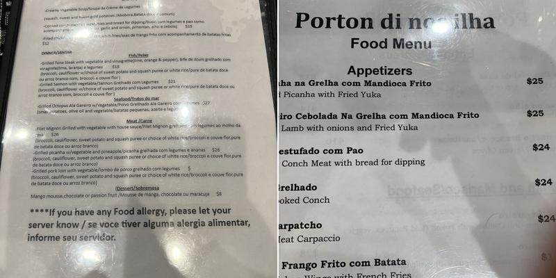 Porton Di Nos Ilha Menu