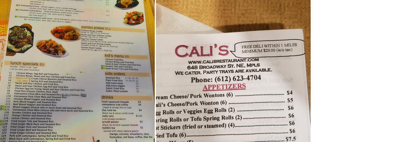 Cali's Vietnamese Menu