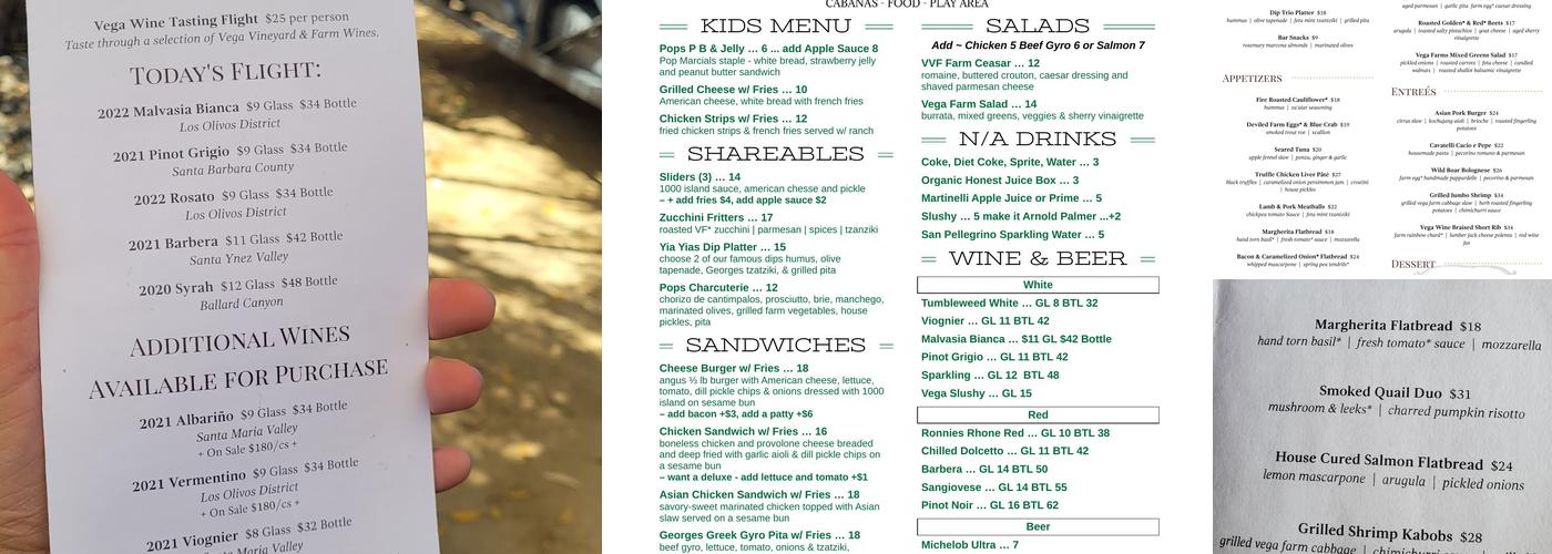 Vega Vineyard and Farm Menu