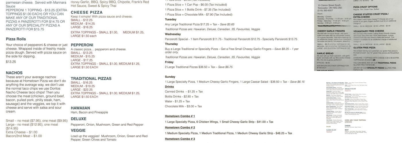 Hometown Pizza Menu