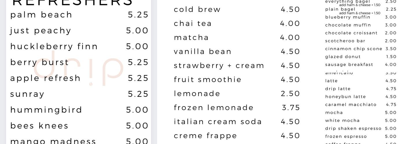 Drip Coffee Menu