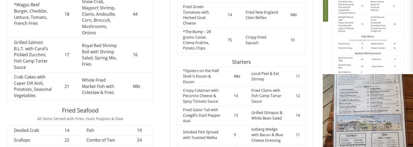 St. Augustine Fish Camp Menu