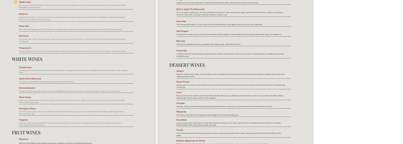 Harmony Winery Menu