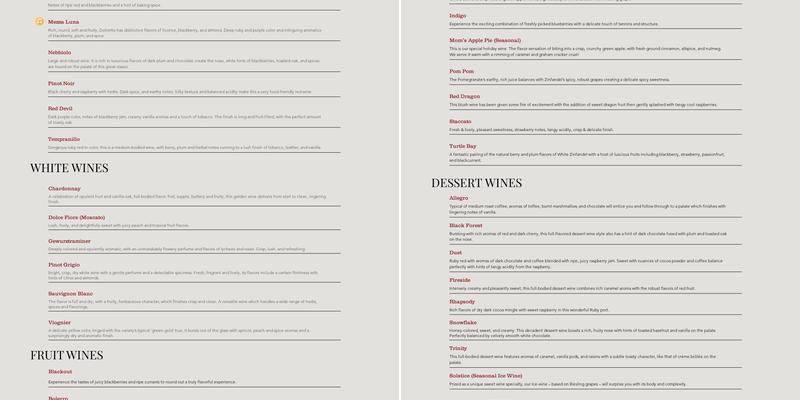 Harmony Winery Menu