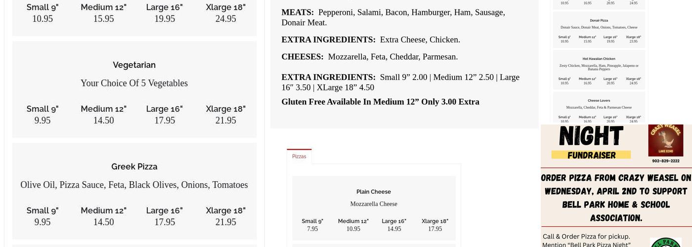Crazy Weasel Restaurant Menu