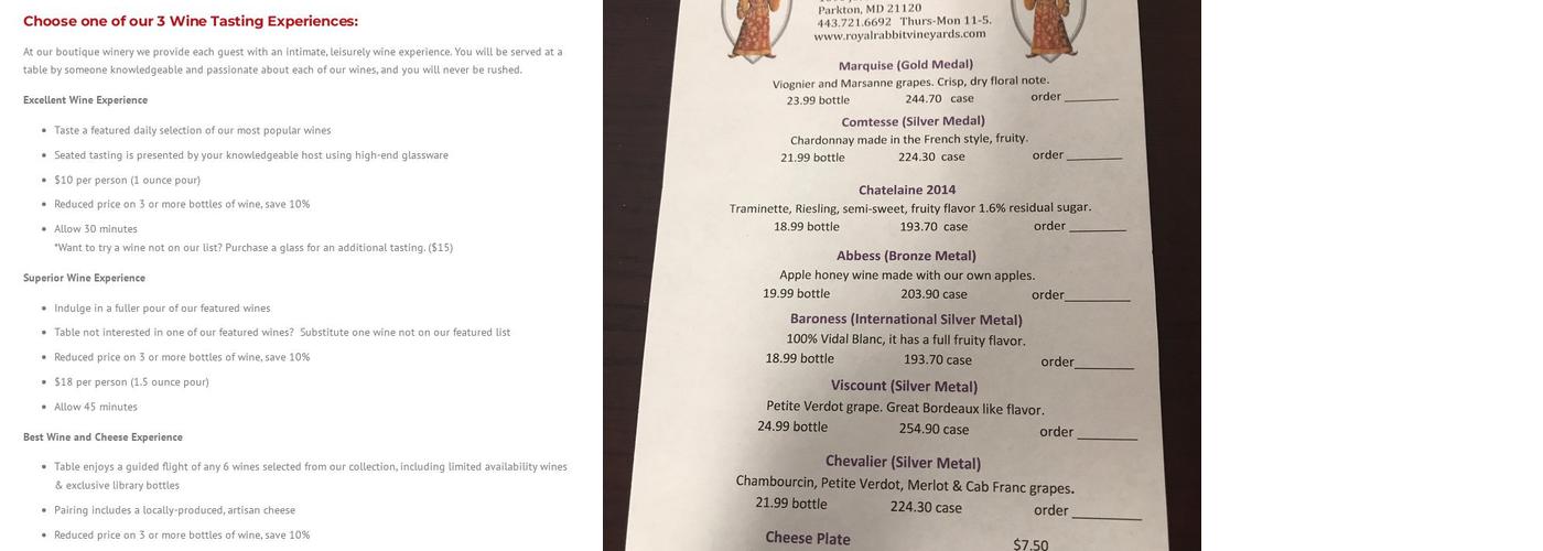 Royal Rabbit Vineyards Menu