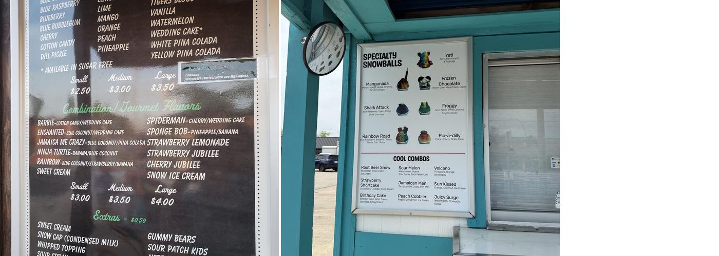 Main Street Snowballs Shaved Ice Menu