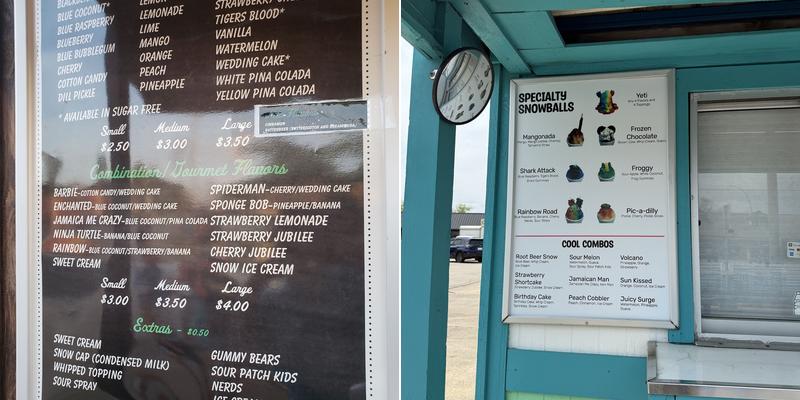Main Street Snowballs Shaved Ice Menu