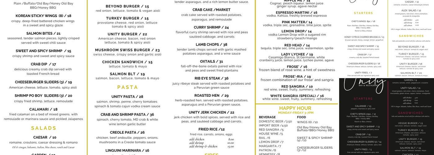 Unity Bar & Restaurant Menu