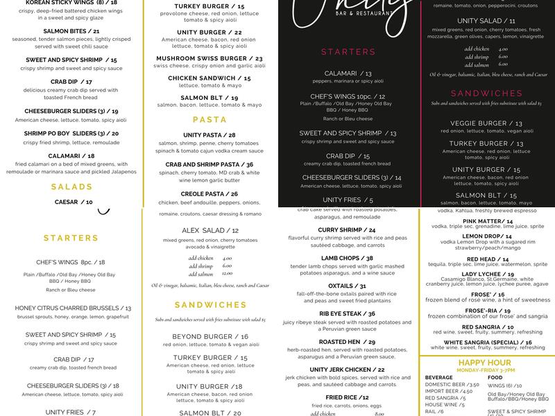 Unity Bar & Restaurant Menu