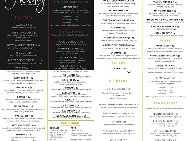 Unity Bar & Restaurant Menu
