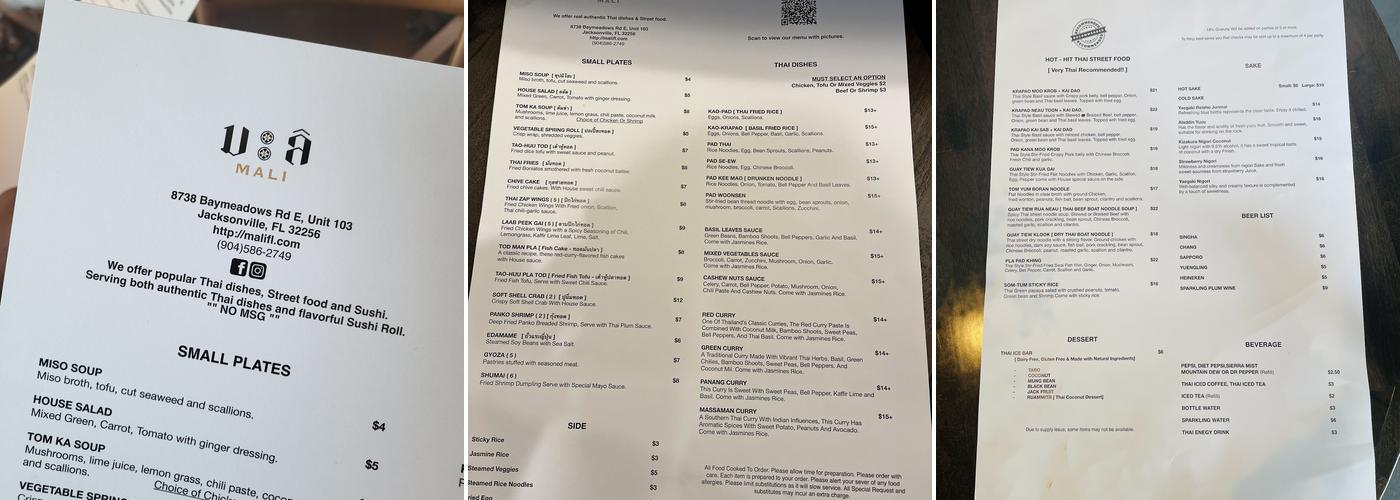 Mali Thai Sushi Menu