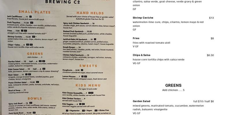 Uprise Brewing Co. Menu