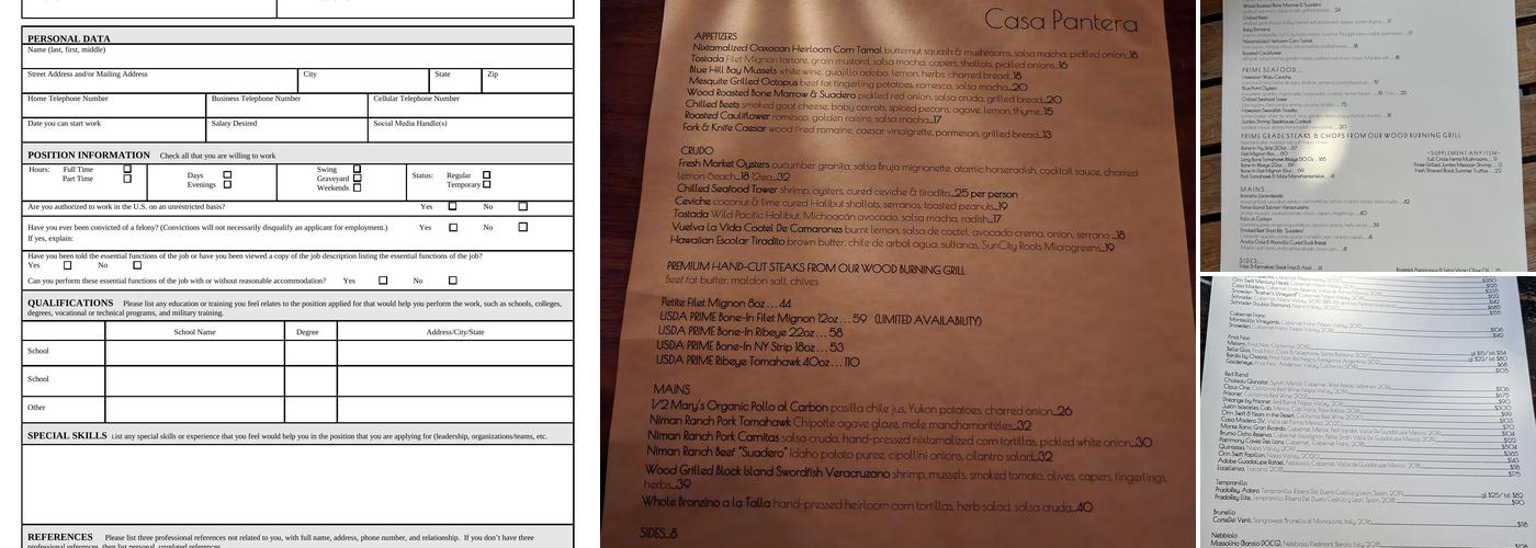 Casa Pantera Menu