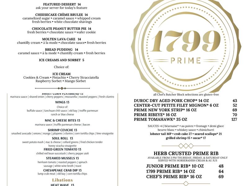 1799 Prime Steak & Seafood Menu