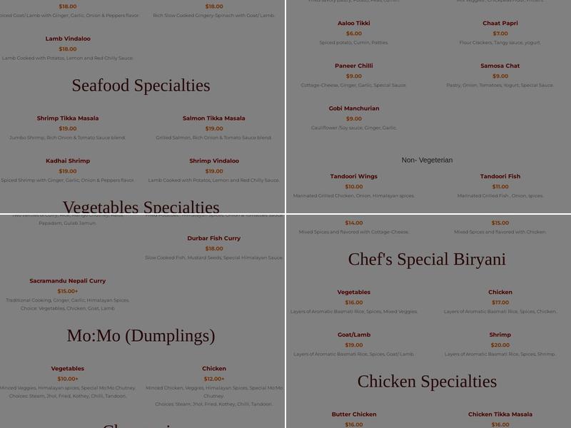 Namaste Sacramandu - Indo-Nepalese Fusion Menu