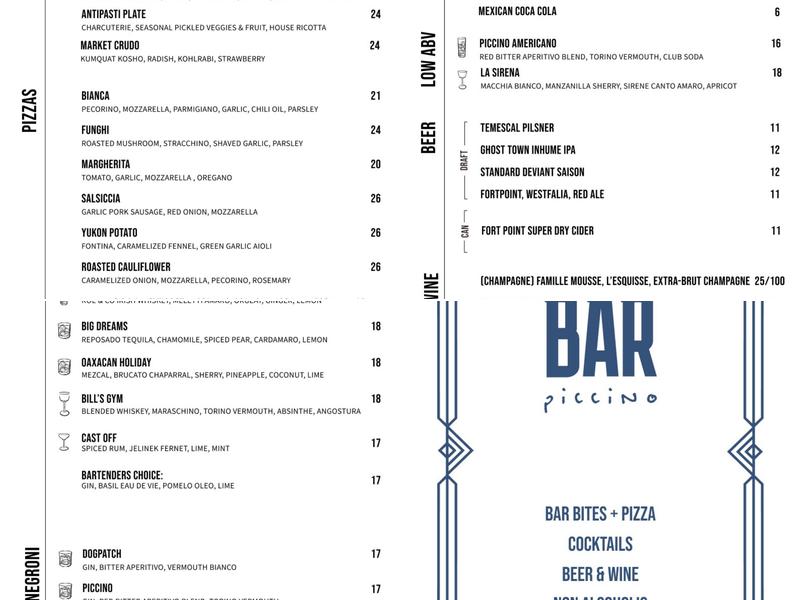 Bar Piccino Menu