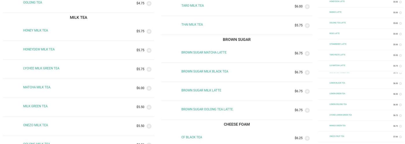 OneZo Bubble Tea Menu