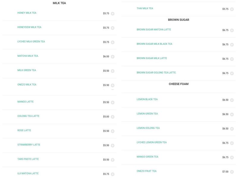 OneZo Bubble Tea Menu