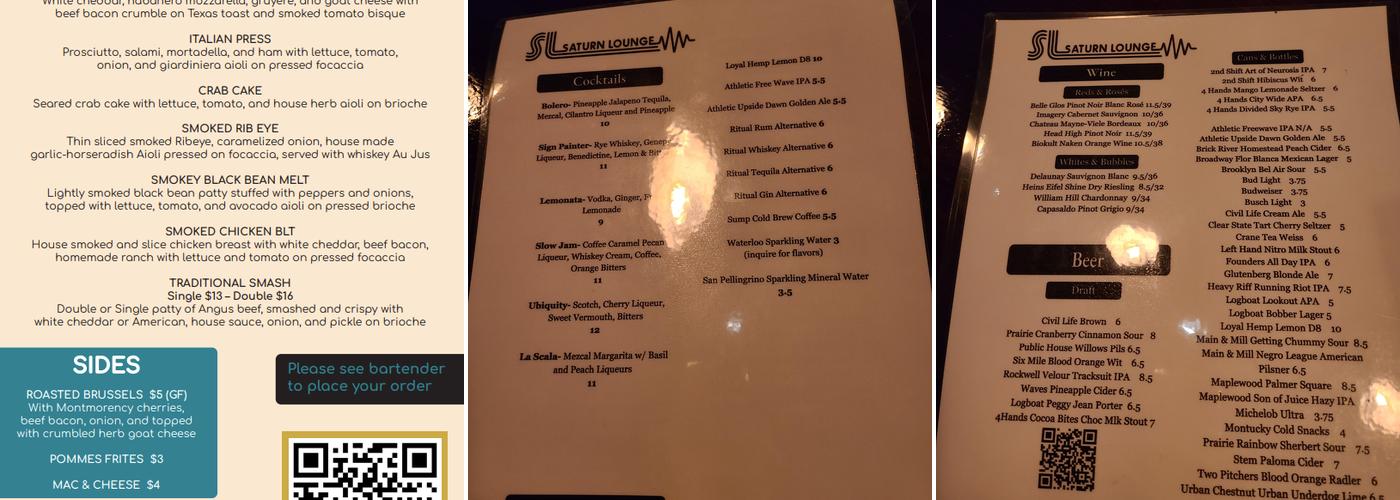 The Saturn Lounge Menu