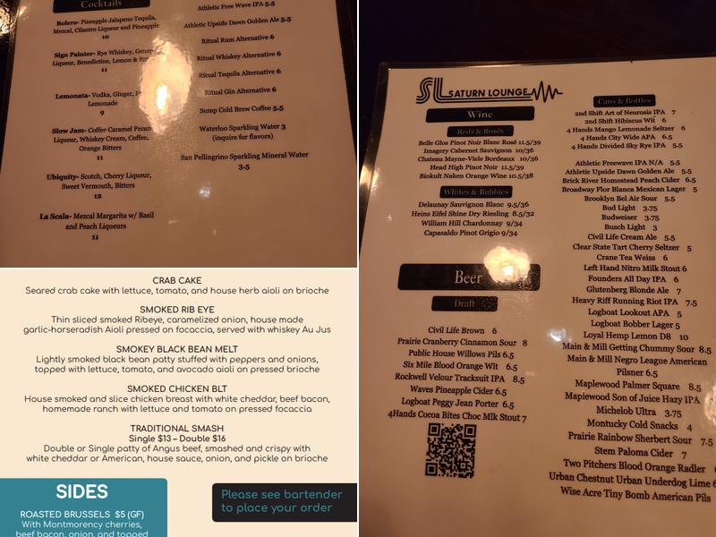 The Saturn Lounge Menu