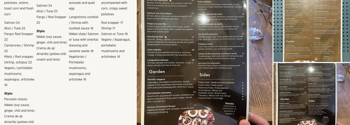 Lima Ruby Peruvian Menu