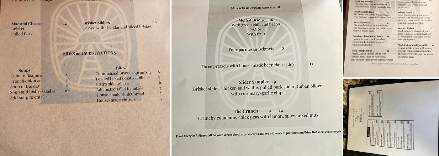 Paris West Menu