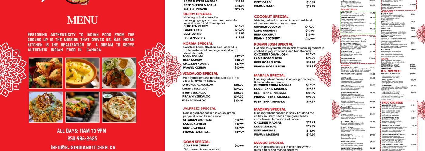 BJ’S Indian Kitchen Menu