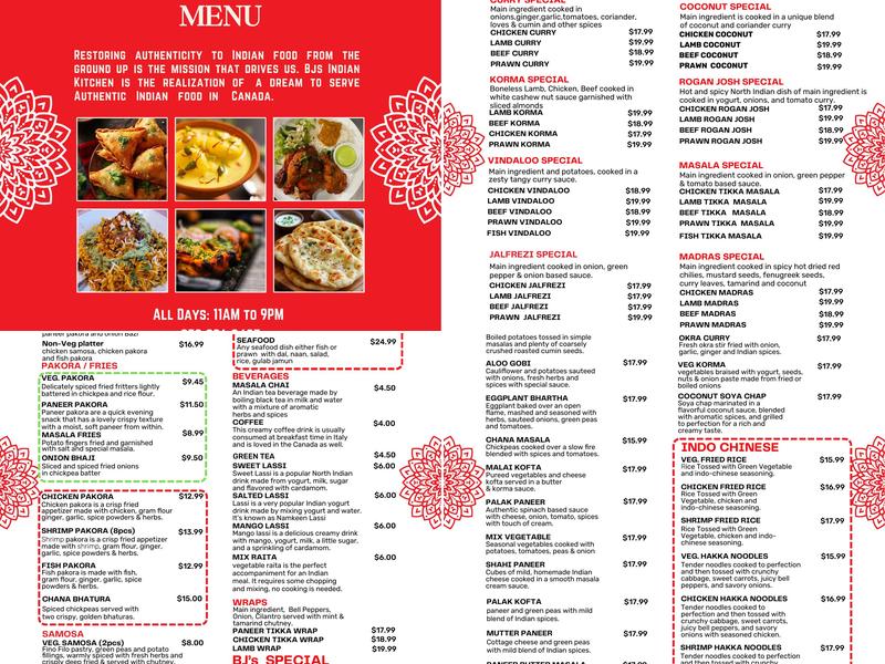 BJ’S Indian Kitchen Menu