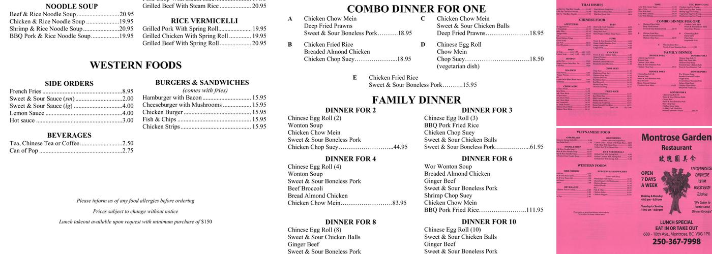 Montrose Garden Restaurant Menu