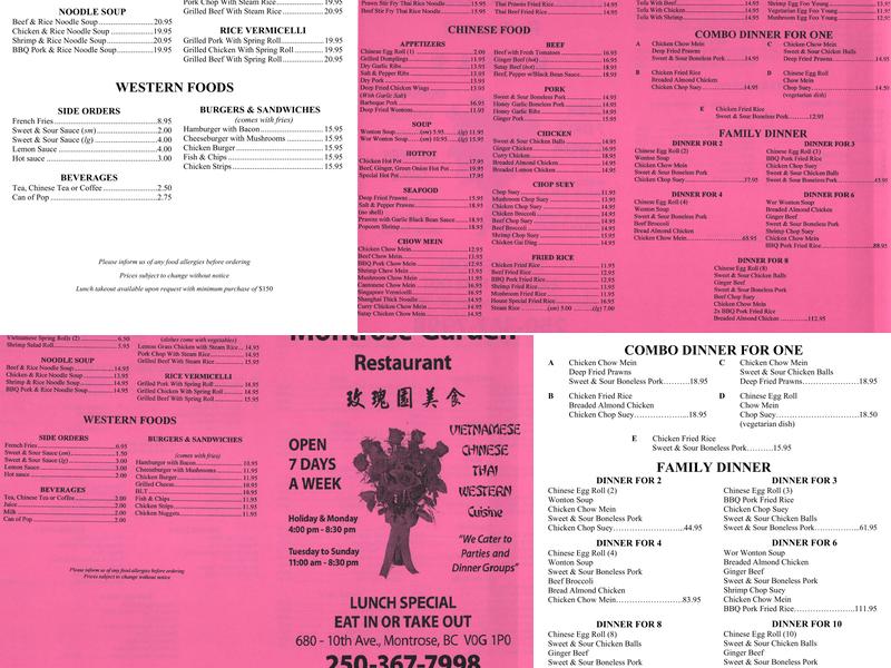 Montrose Garden Restaurant Menu